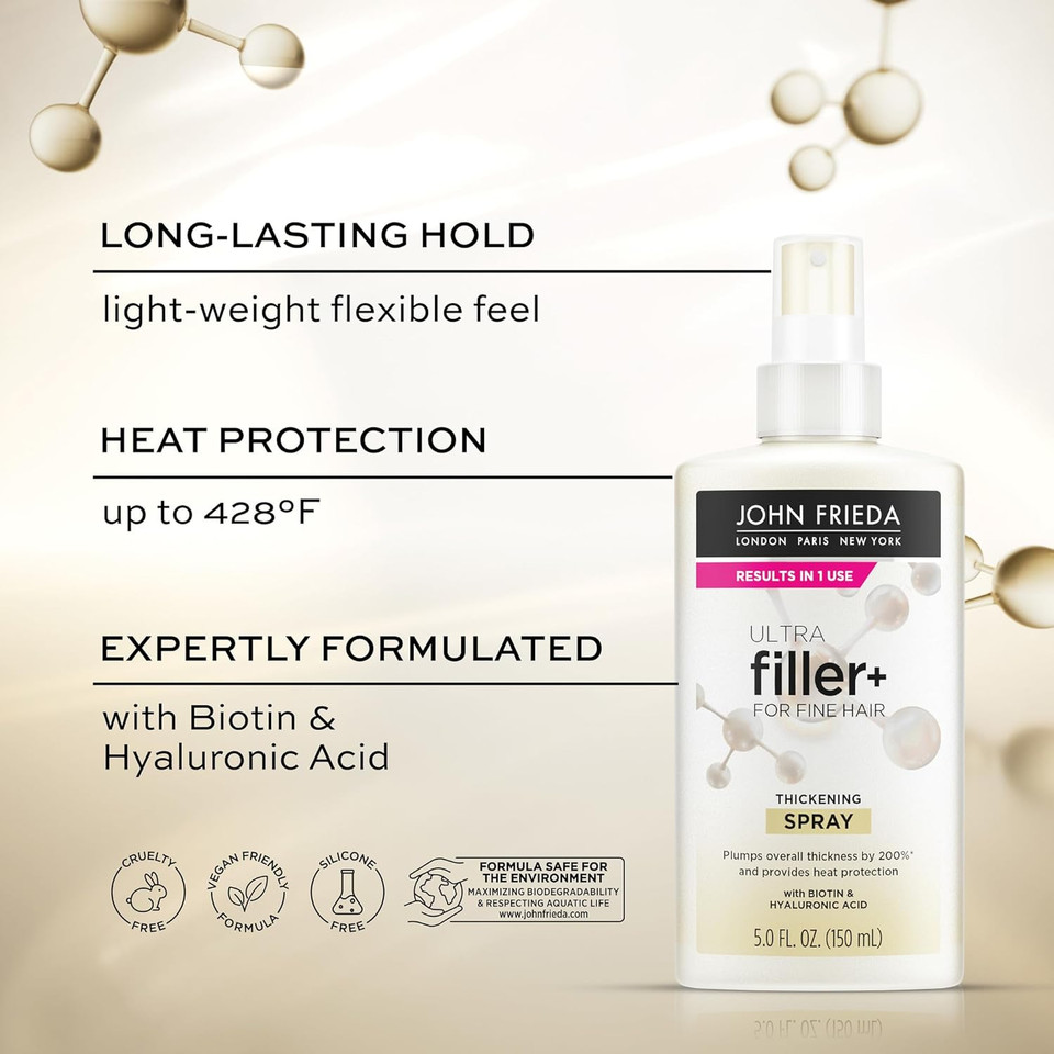 John Frieda Ultrafiller+ Thickening Spray, Thickening & Strengthening Spray For Damaged Or Thin Hair, Infused With Biotin And Hyaluronic Acid To Strengthen Hair For Thicker Fuller Results, 5 Oz