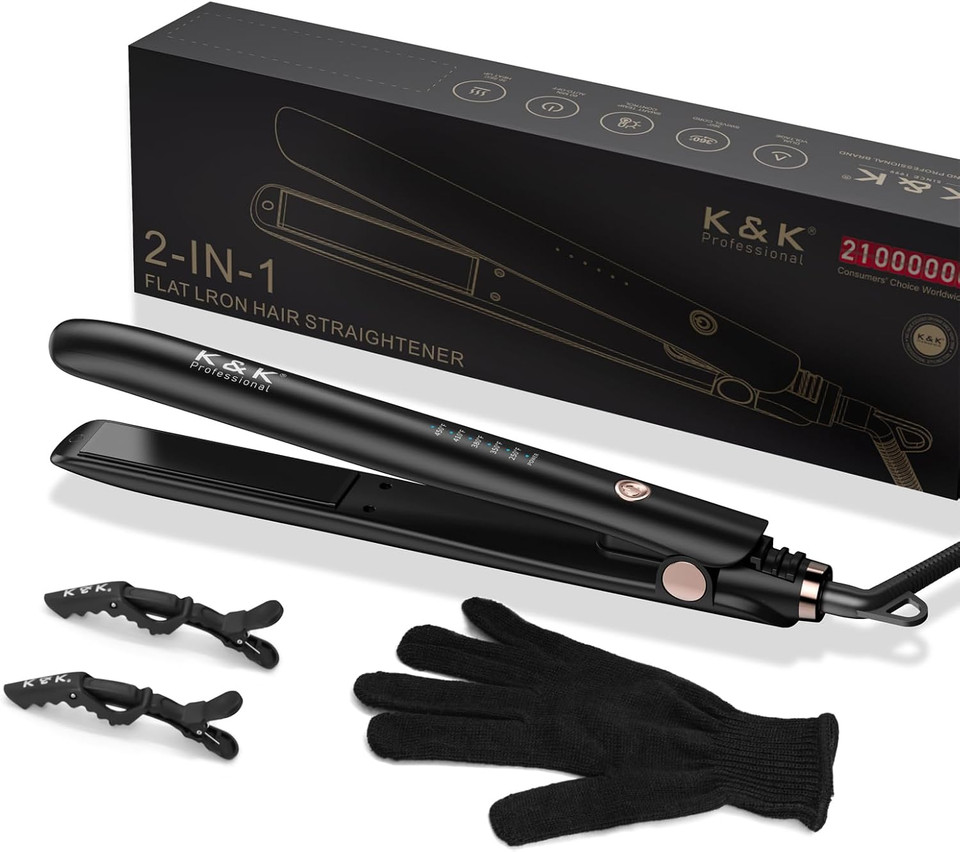K&K 1 Inch Flat Iron 2 In 1 Curler Tourmaline Titanium Hair Straightener 1 Inch Plate 4D 360°Swivel Led Display For Woman Short Hair Adjustable Temperature Dual Voltage 110V-220V Auto Shut Off