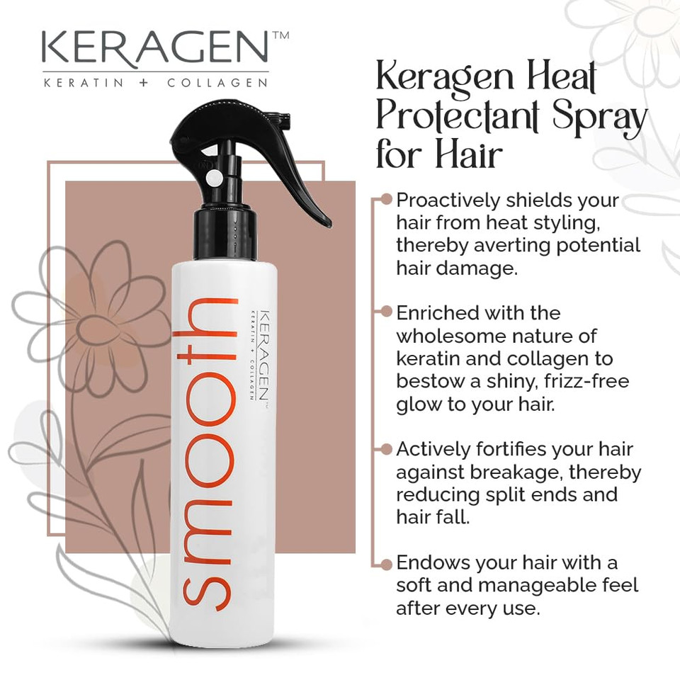 Keragen Heat Protectant Spray For Hair, 8 Oz  Thermal Styling For All Hair  Shiny, Frizz-Free Finish  Keratin, Collagen