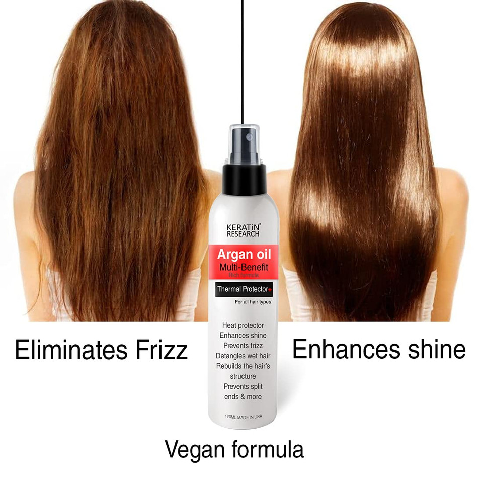Keratin Research Thermal Hair Protector Spray - Enhances Shine, Eliminates Frizz, Detangles, Prevents Split Ends, Replenishes Nutrients, Heat Activated For Styling