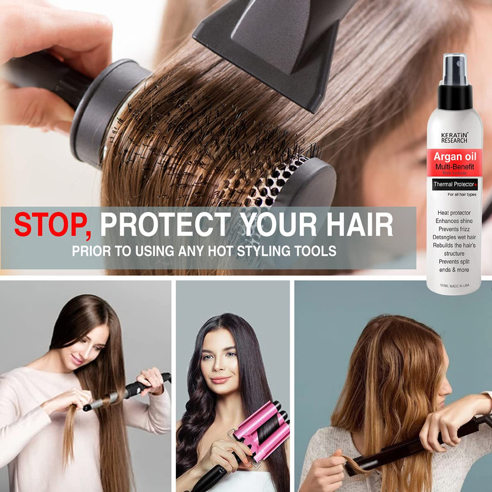 Keratin Research Thermal Hair Protector Spray - Enhances Shine, Eliminates Frizz, Detangles, Prevents Split Ends, Replenishes Nutrients, Heat Activated For Styling