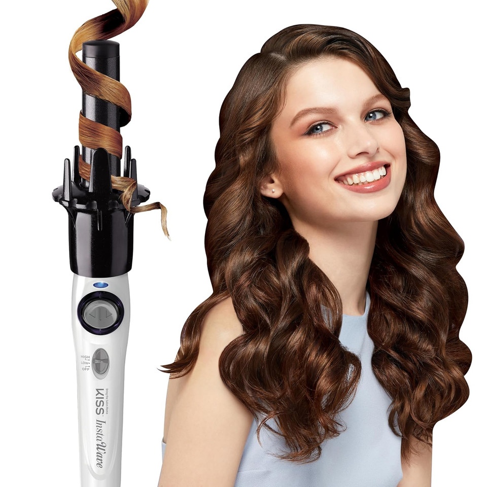 Kiss Instawave Deluxe Automatic Rotating Curling Iron, Ceramic Ionic Technology, Tangle Prevention, 2-Way Rotation, Dual Heat Settings Up To 420°F, 1 Curling Wand, 2-Year Warranty - Black & White