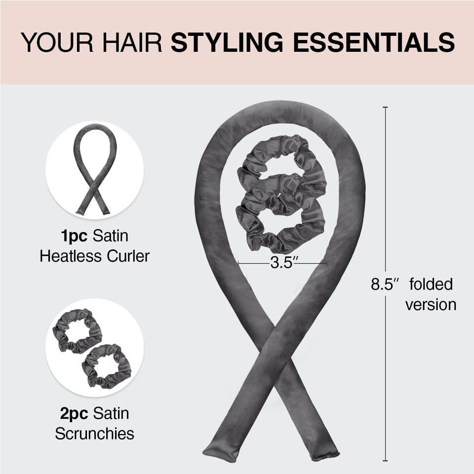 Kitsch Satin Heatless Curling Set  Heatless Hair Curler For Women, Hair Curler To Sleep In - With 2 Satin Scrunchies For Overnight Curls  No Heat Damage Styling With Heatless Curler - Charcoal