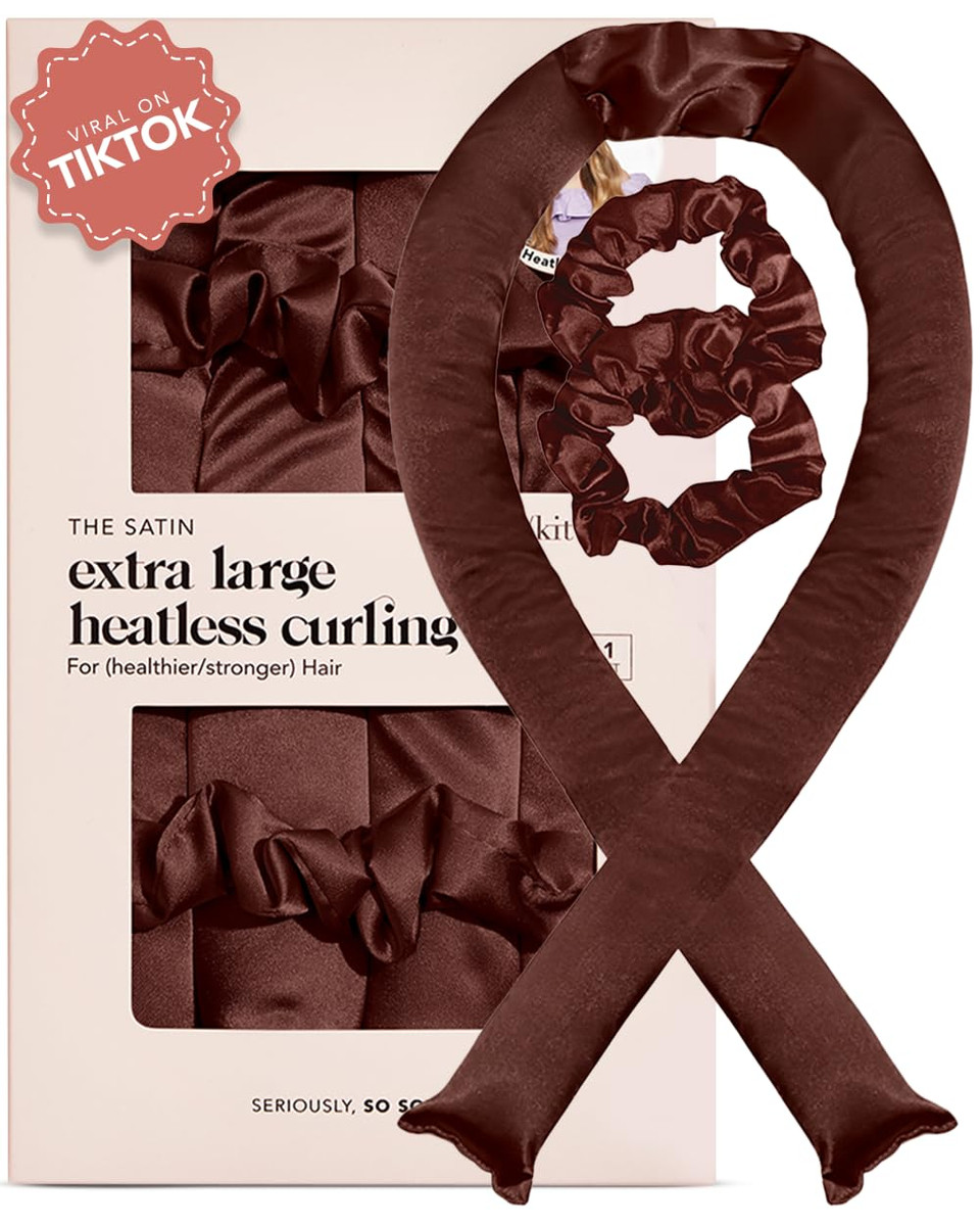 Kitsch Xl Satin Heatless Curling Set  Heatless Hair Curler For Women, Hair Curler To Sleep In - With 2 Satin Scrunchies For Overnight Curls  No Heat Damage Styling With Heatless Curler - Chocolate