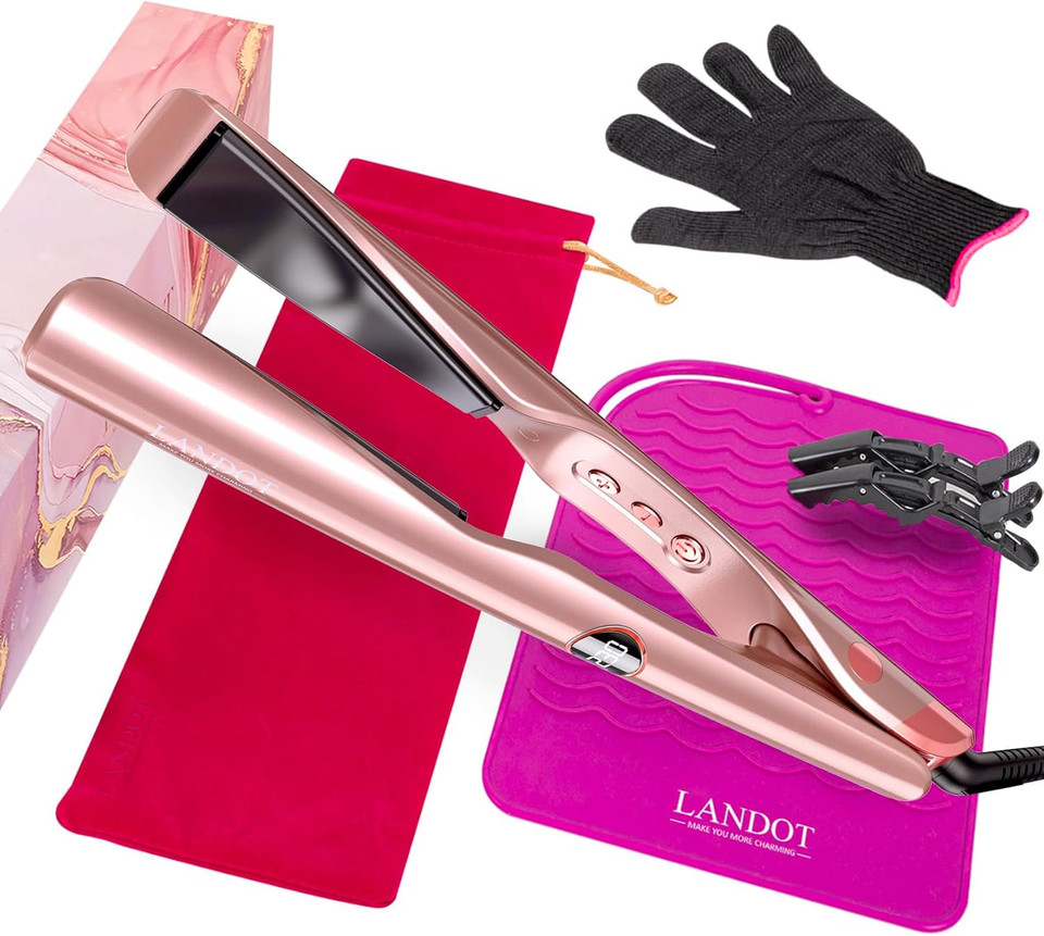 Landot 2-In-1 Flat Iron Curling Iron: Twist Ceramic Hair Straightener And Curler For Curl Wave Straighten - 30S Heat-Up 12 Temp Settings For All Hair Types - Less Frizz & More Shine