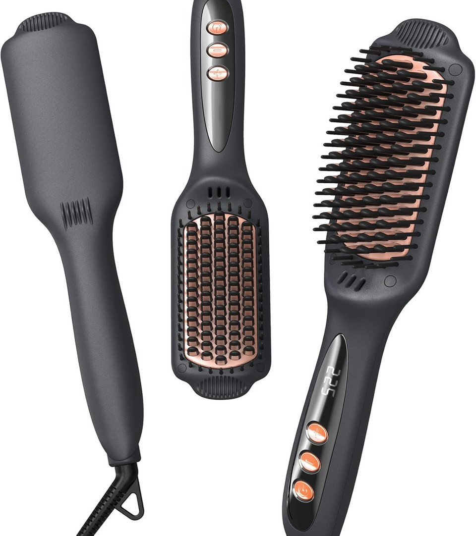 Landot Hair Straightening Brush Straightener: Negative Ion Ceramic Heated Hot Flat Iron Brush For Smooth Frizz-Free Hair - Dual Voltage & 12 Temp Settings 250°F To 450°F Fit All Hair Types