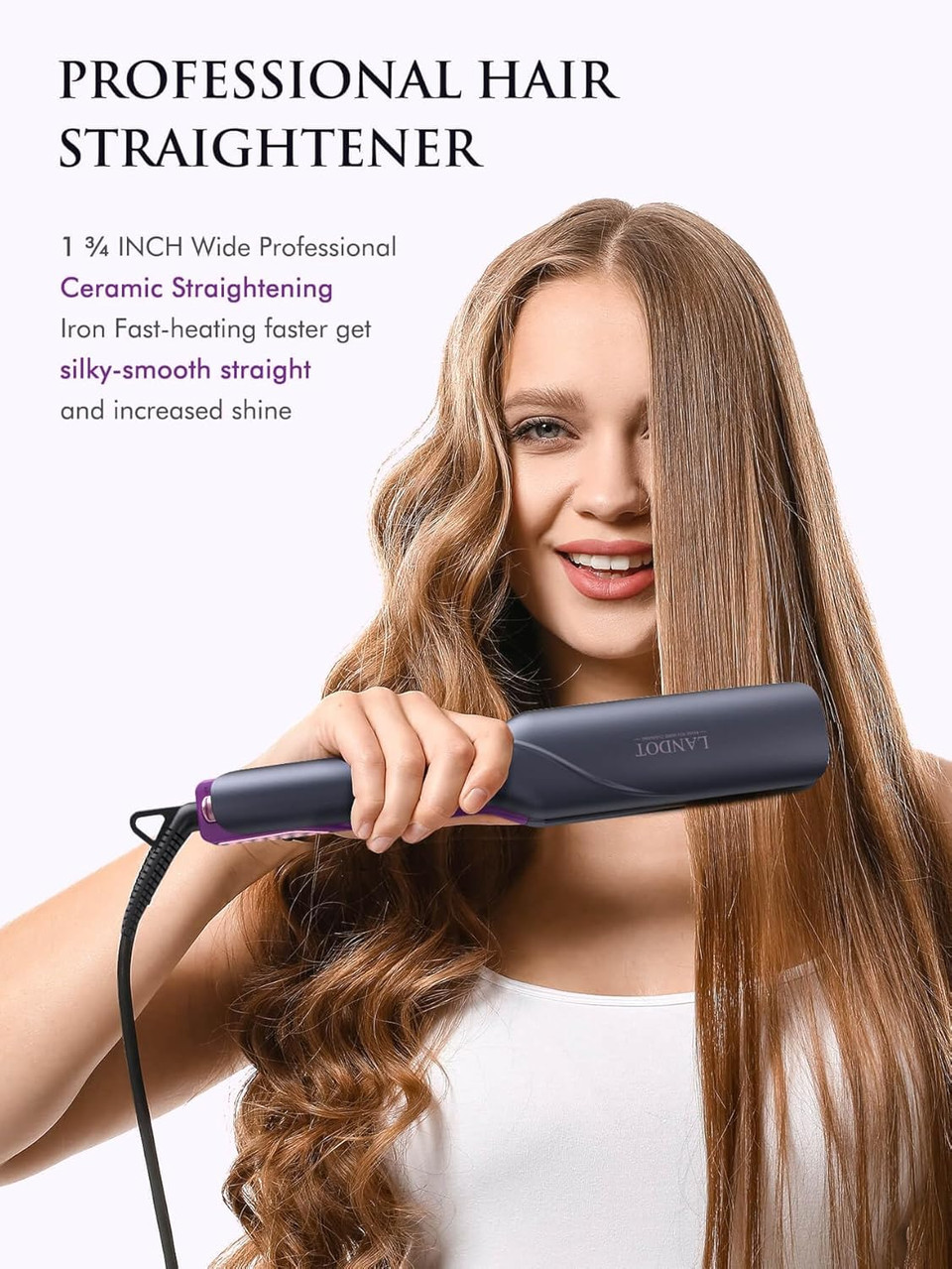 Landot Wide Flat Iron Hair Straightener For Fast Styling Thick/Long/Coarse Hair: 1-3/4 Inch Ceramic Straightener For Less Frizz, Smoother Shinier Results - Dual Voltage & 12 Temp Setting 250-450F