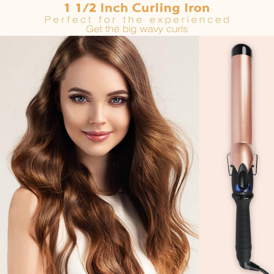 Large Ceramic Curling Wand - 1 1/2 Inch Barrel With Lcd Digital Temperature Control, Travel-Friendly Design With Heat-Resistant Glove - Versatile Beach Waver For Big, Bouncy Curls For Women