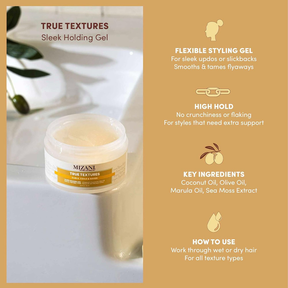 Mizani True Textures Sleek Holding Gel - Firm Hold Hair Gel, Flexible, Flake-Free, For All Hair Types