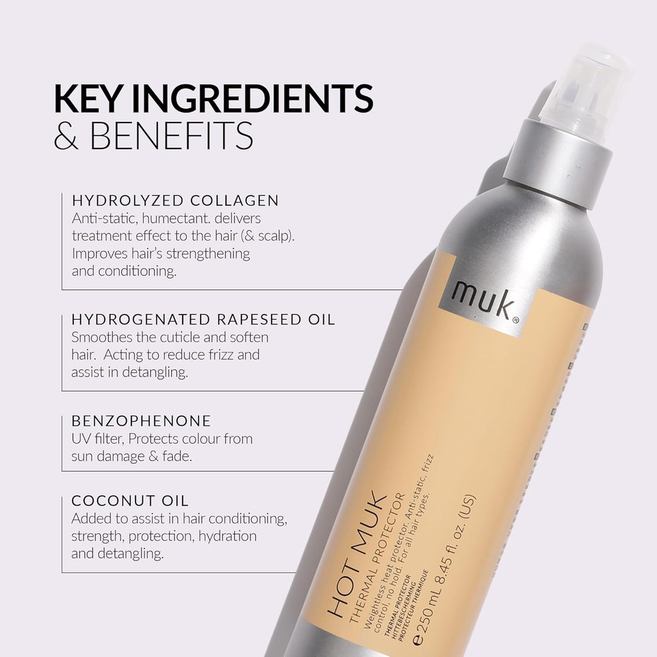 Muk. Hot Thermal Protect - Heat Protection Hair Spray. Heat Protectant For Styling Tools Up To 230°C. Heat Protection Hair Spray Uv Shield Against Colour Fade, Frizz Control, 250Ml Muk. Hot Thermal Protect - Heat Protection Hair Spray. Heat Protectant For Styling Tools Up To 230°C. Heat Protection Hair Spray Uv Shield Against Colour Fade, Frizz Control, 250Ml