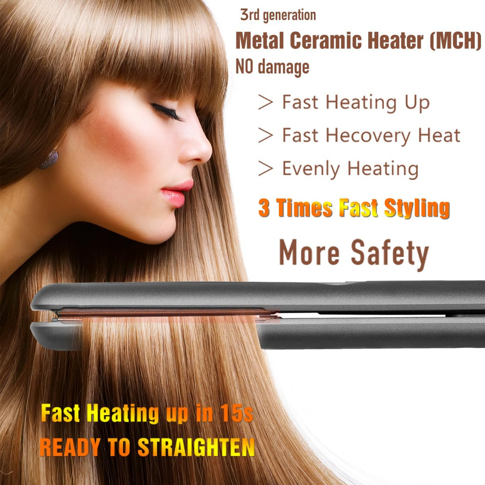 Nition Ceramic Tourmaline Hair Straighteners Lcd Flat Iron Mch Fast Heating Up. Healthy Home Straightening Styling Tools With Travel Pouch Bag. 265-450°F Adjustable. 1" Smooth 3D Plate. Dual Voltage