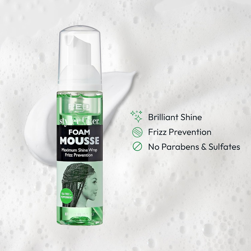 Red By Kiss Foaming Mini Travel Size Mousse, Maximum Shine Wrap Mousse, Reduce & Prevent Frizz, Define Curls, Hold Styles, Nourishes Dry & Crips Hair (Tea Tree + Peppermint)