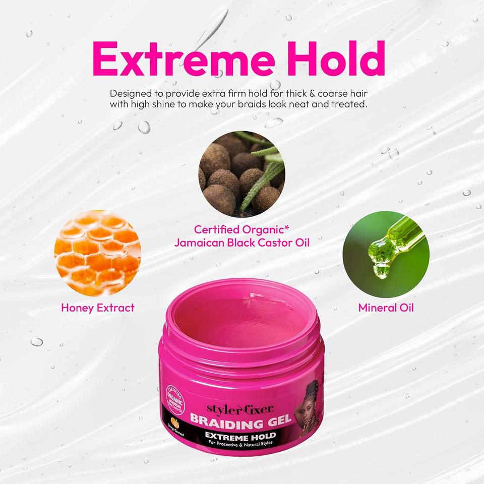 Red By Kiss Styler Fixer Braiding Gel Enhanced  Extra Firm Hold, Anti-Flaking, High Shine, Infused With Advanced Botanicals For Strong, Nourished Hair  Strawberry Acai Scent (32Oz)