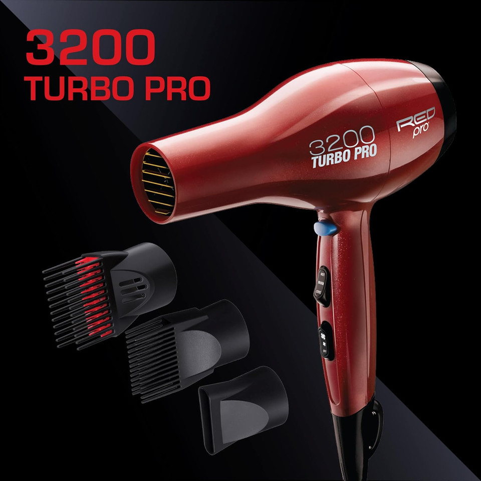 Red Pro 3200 Turbo Pro Detangler Ac Hair Dryer, 3 Heat/2 Speed Settings, Cool Shot Button, Powerful Airflow, 3 Additional Styling Attachments With Detangling Pik