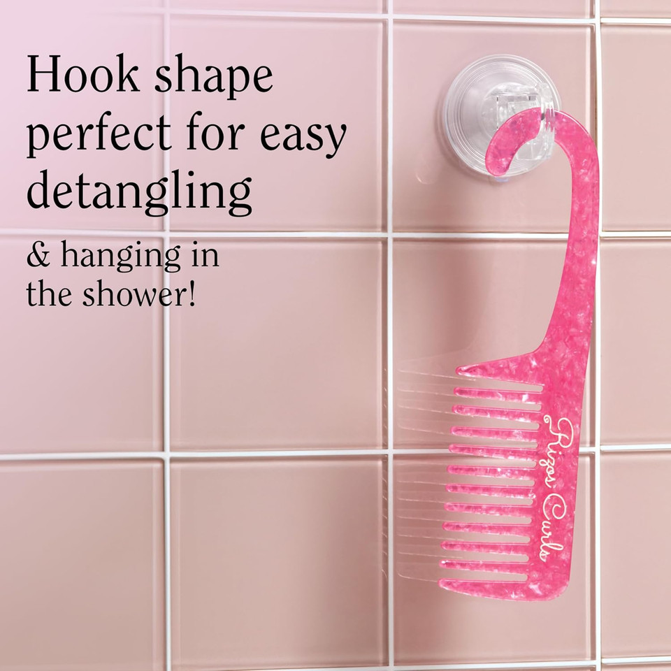 Rizos Curls Hanging Shower Comb, Detangle & Distribute Conditioner In Shower, Gentle On All Curl Types, Easy To Hang & Use, Pink