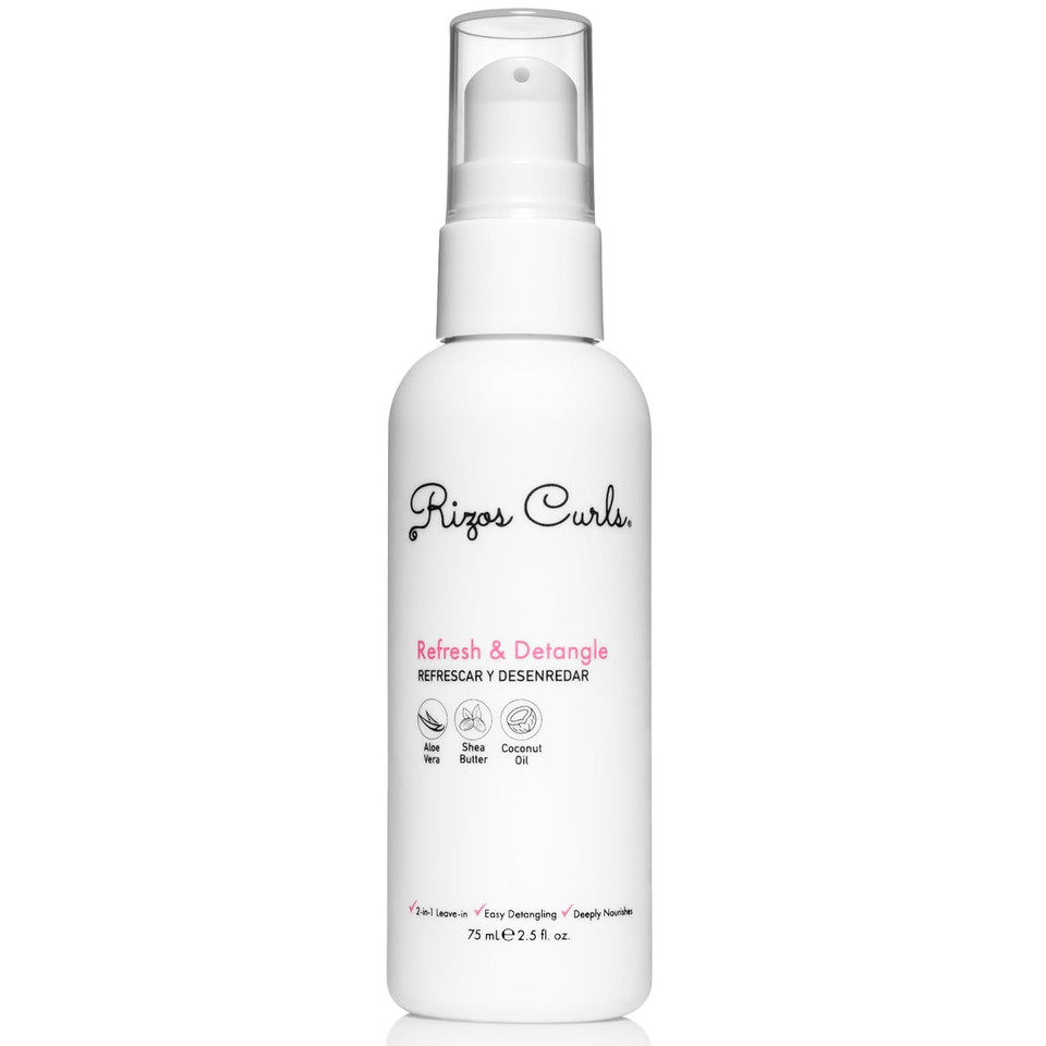 Rizos Curls Travel Refresh & Detangle Spray, Moisturizing Leave-In, Hydrate & Reduce Frizz, Add Shine & Definition With Coconut Oil, Aloe Vera & Shea Butter, 2.5 Oz