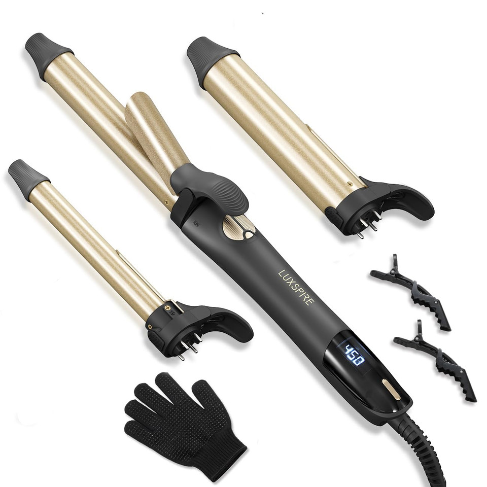 Rotating Curling Iron, 3 In 1 Automatic Curling Iron Set With Interchangeable Barrel 3/4, 1, 1 1/4 Inch, Instant Heat Dual Voltage Curling Wand For Lasting Beach Waves, Gold