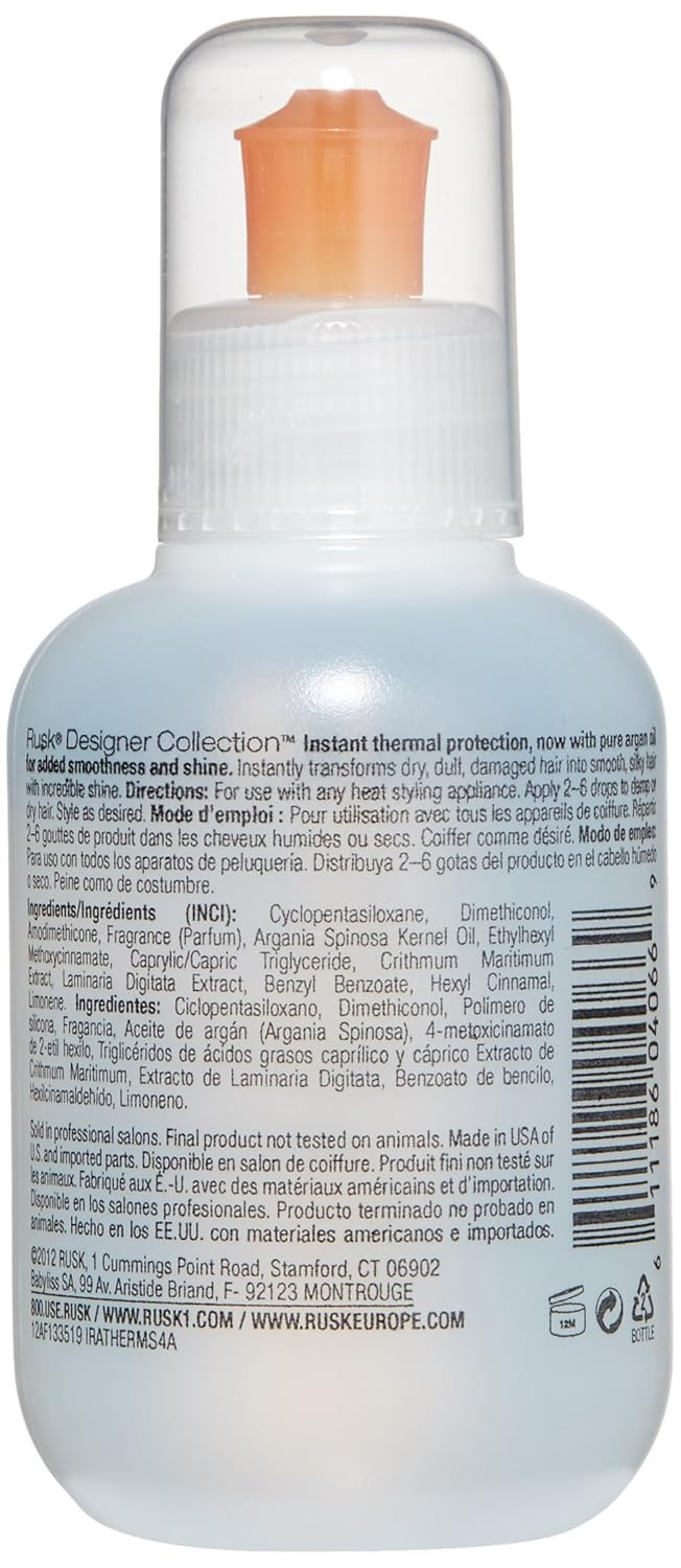 Rusk Designer Collection Thermal Serum With Argan Oil, Alcohol-Free Conditioning Serum, Heat Protection And Shine, Frizz Eliminator, 4.2 Oz