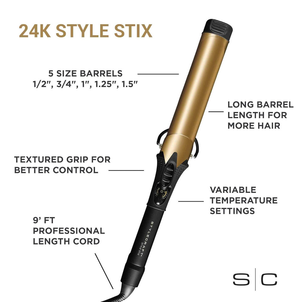 Stylecraft Style Stix 24K Gold Professional Barrel Long Spring Hair Curling Iron
