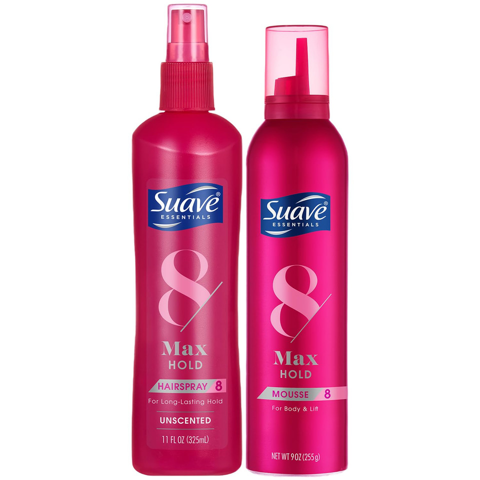 Suave+ Hair Styling Bundle  Max Hold Unscented Hairspray + Volumizing Mousse, Moisturizing Hair Products Enriched With Vitamins & Proteins (2 Piece Set)