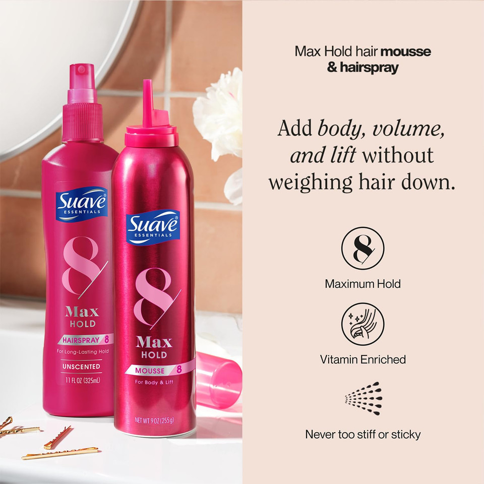 Suave+ Hair Styling Bundle  Max Hold Unscented Hairspray + Volumizing Mousse, Moisturizing Hair Products Enriched With Vitamins & Proteins (2 Piece Set)