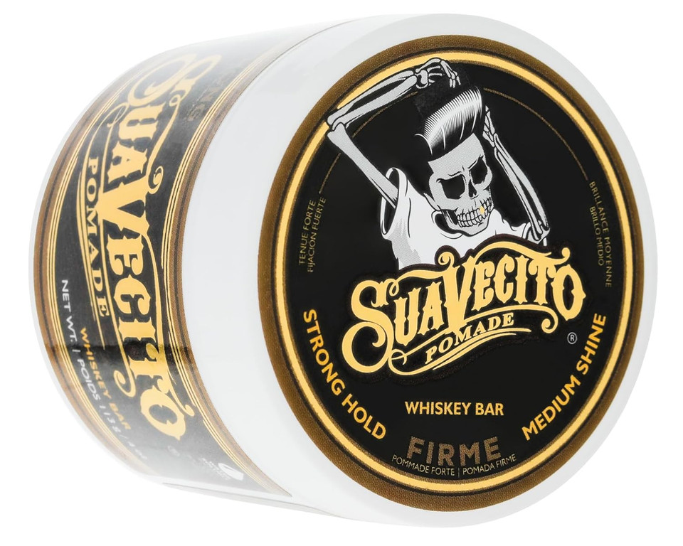 Suavecito Pomade Firme (Strong) Hold Whiskey Bar Scent 4 Oz - Pomade For Men - Medium Shine Water Based Wax Like Flake Free Hair Gel - Easy To Wash Out - All Day Hold For All Hair Styles