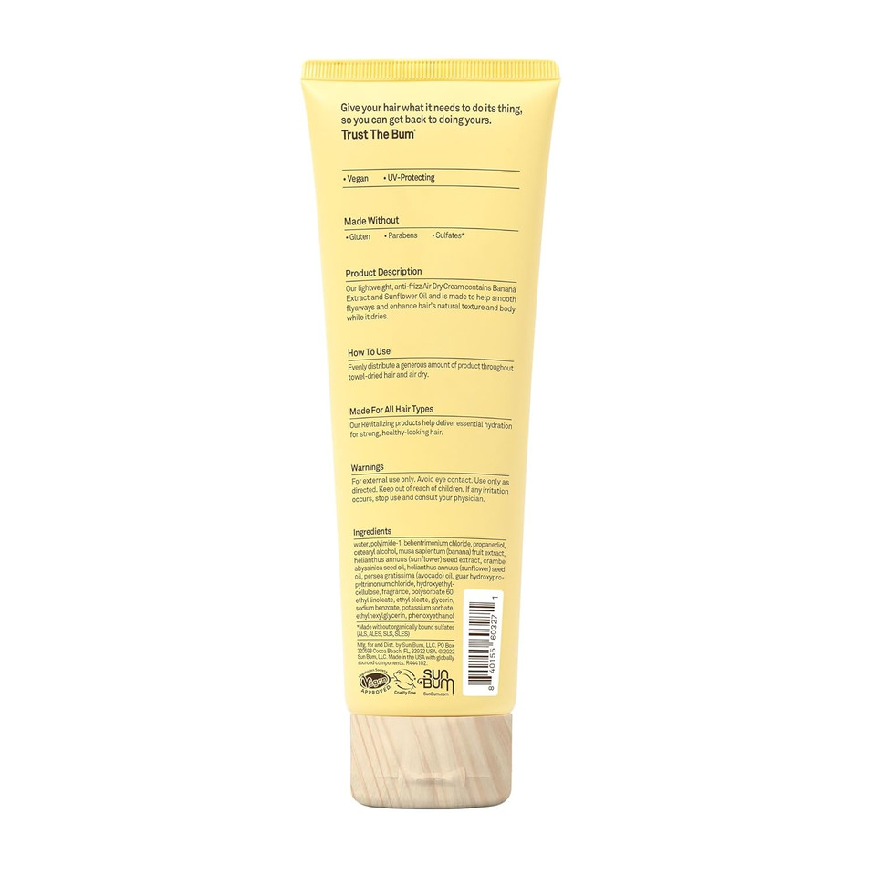 Sun Bum Revitalizing Air Dry Cream - Anti Frizz Styling Cream With Banana Extract And Sunflower Oil - Vegan - Without Parabens - Uv Protecting - Helps Smooth And Enhance Natural Hair Texture - 6 Fl Oz
