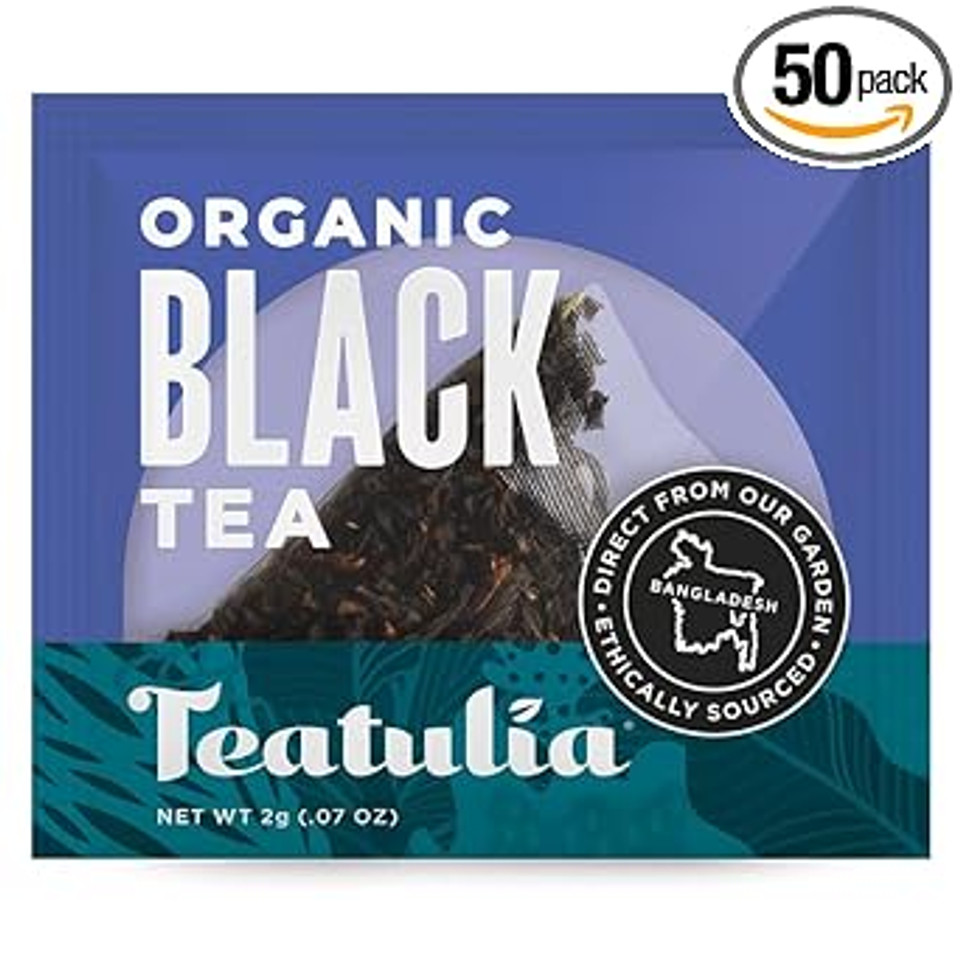 Teatulia Organic Black Tea Bags (50 Wrapped Pyramid Tea Bags) | 100% Compostable | Sustainably Grown In Bangladesh