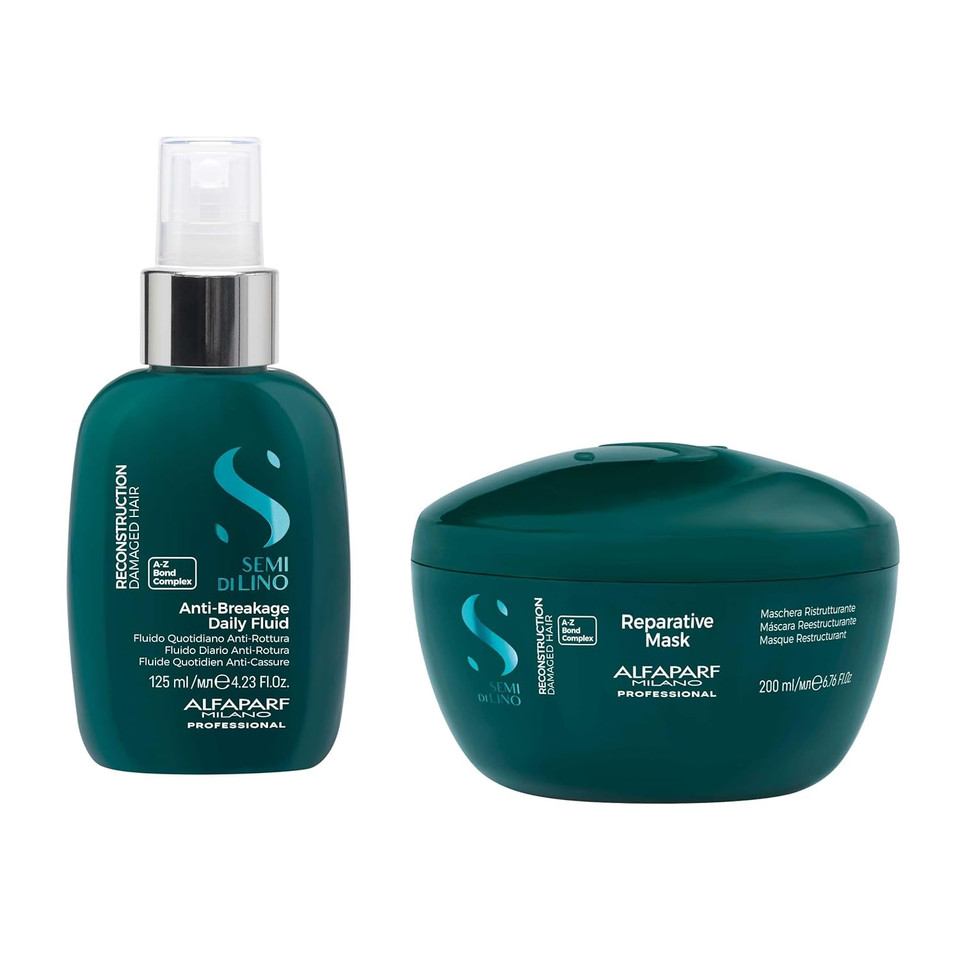Alfaparf Milano Semi Di Lino Reconstruction Reparative Mask And Anti-Breakage Fluid Set For Damaged Hair - Repairs, Reconstructs, Strengthens - Adds Shine And Softness