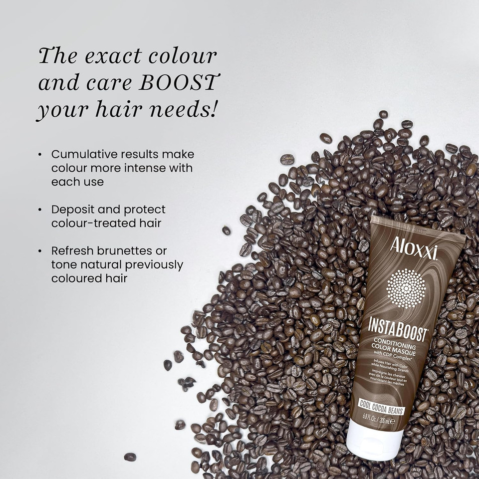 Aloxxi Instaboost Dark Brown Color Depositing Conditioner Mask, Instant Temporary Hair Color Dye, Hair Color Masque For Deep Conditioning (Cool Cocoa Beans) 6.8 Fl Oz