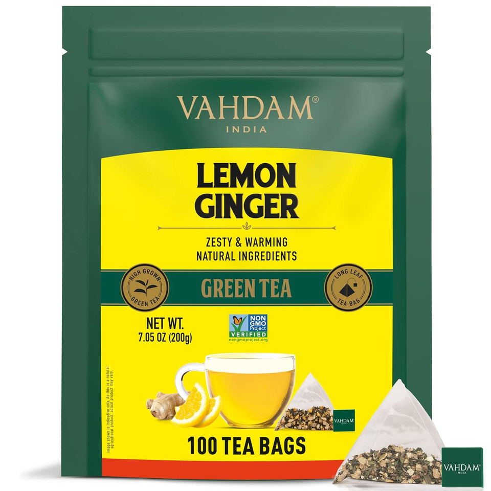 Vahdam, Lemon Ginger Green Tea Bags (100 Count) Med Caffeine, Non Gmo, Gluten Free | Fruity Flavor - Zesty Lemon & Orange Peel | Whole Loose Leaf Tea Bags | Resealable Ziplock Pouch Vahdam, Lemon Ginger Green Tea Bags (100 Count) Med Caffeine, Non Gmo, Gluten Free | Fruity Flavor - Zesty Lemon & Orange Peel | Whole Loose Leaf Tea Bags | Resealable Ziplock Pouch