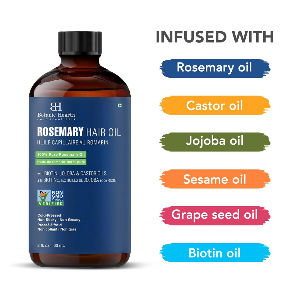 Botanic Hearth Rosemary Oil For Hair Growth | 100% Pure, With Biotin, Jojoba & Castor Oils | Cold Pressed, Non Greasy, Non Sticky | Hair Growth Oil | For Hair & Scalp Care | 4 Fl Oz