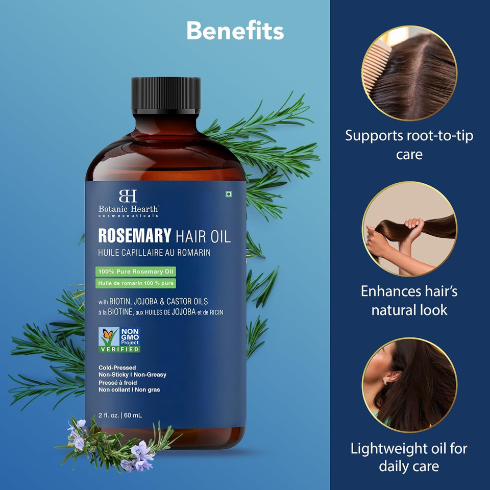 Botanic Hearth Rosemary Oil For Hair Growth | 100% Pure, With Biotin, Jojoba & Castor Oils | Cold Pressed, Non Greasy, Non Sticky | Hair Growth Oil | For Hair & Scalp Care | 4 Fl Oz