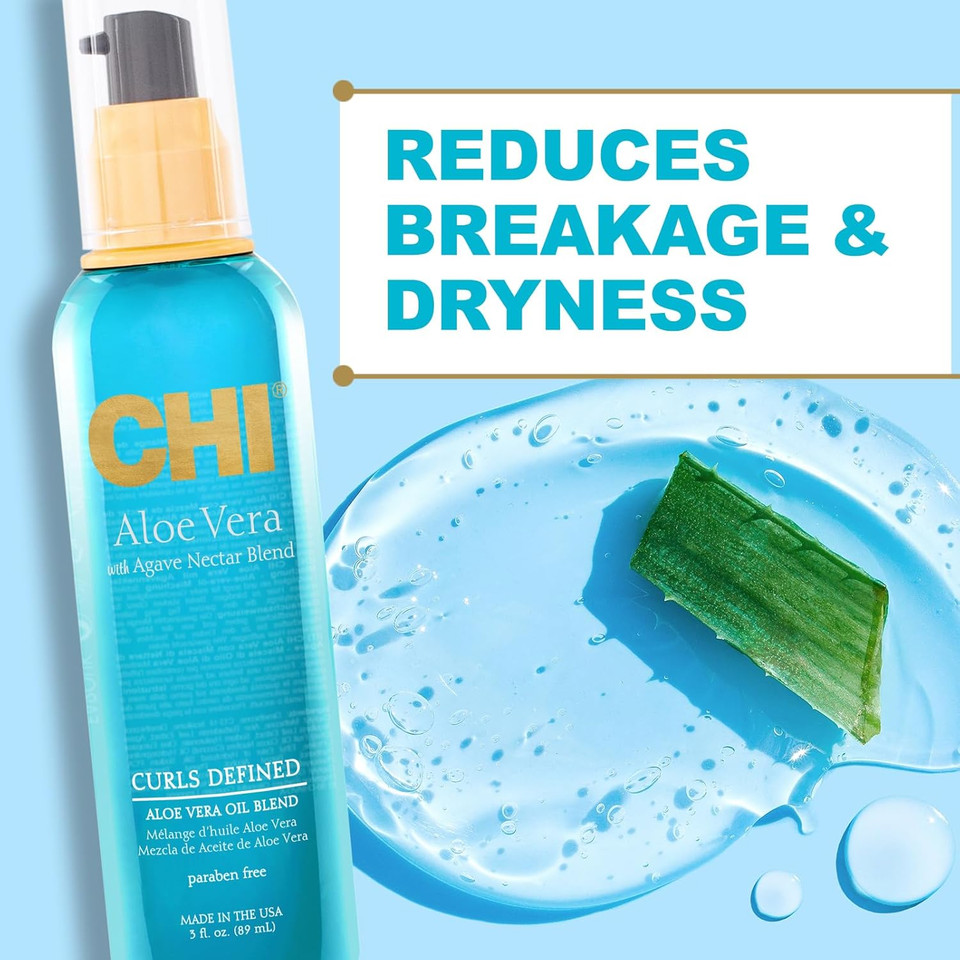Chi Aloe Vera Oil, Add Strength, Shine & Moisture To Weak Hair, For Curly Hair Types, Sulfate, Paraben, & Cruelty-Free, 3 Oz