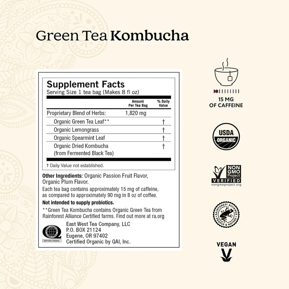 Yogi Tea - Green Tea Kombucha (6 Pack) - Supplies Antioxidants To Support Overall Health - Contains Caffeine - 96 Organic Green Tea Bags