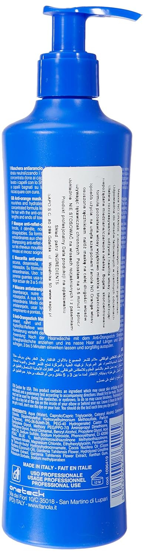 Fanola No Orange Mask - Color Depositing Blue Hair Mask Removes Brassiness On Color Treated Hair With Dark Tones - Conditioning Detangles, Nourishes And Hydrates 33.8 Fl Oz