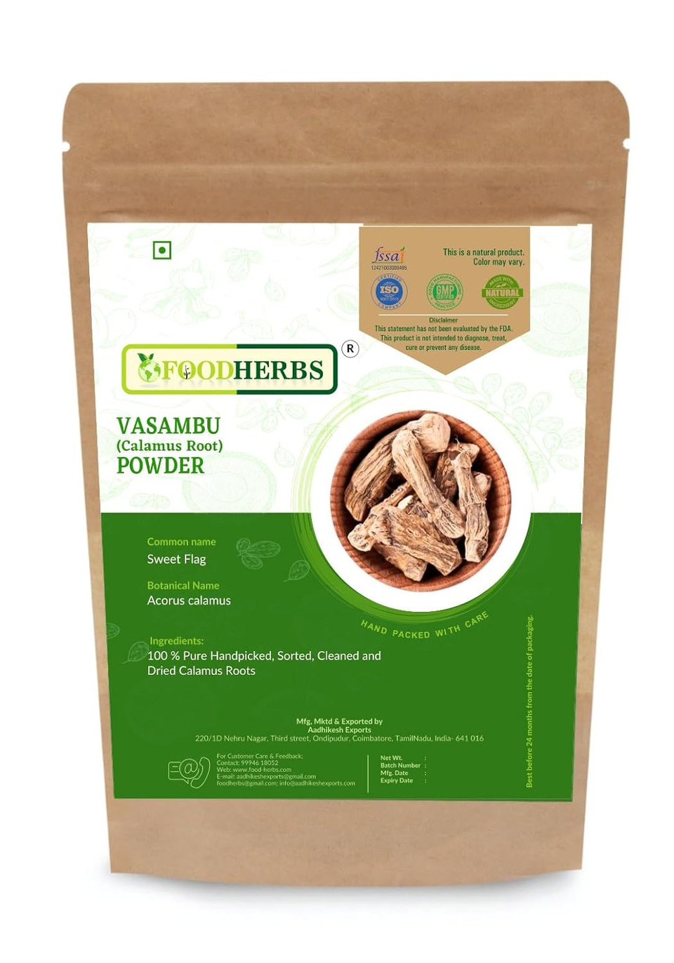 Vacha Powder | Sweet Flag | Vasambu | Acorus Calamus Root Powder | 200 Gm / 0.44 Lbs | Helps With Dandruff, Lice, Hairfall, Hair Growth