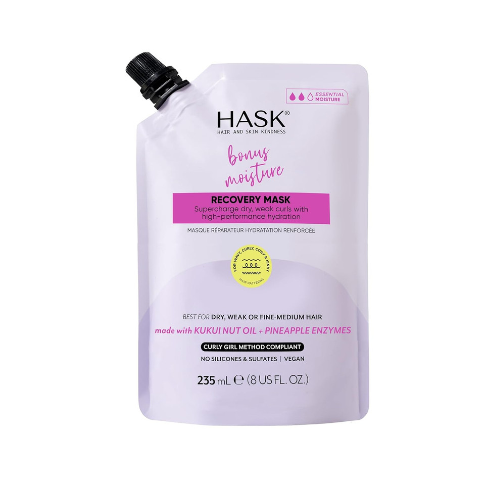 Hask Bonus Moisture Recovery Mask With Kukui Nut Oil & Pineapple Enzymes For Wavy, Curly, Coily & Kinky Hair, Hydrates, Softens, Prevents Damage, Vegan, Sulfate-Free, Cruelty-Free  8 Fl Oz
