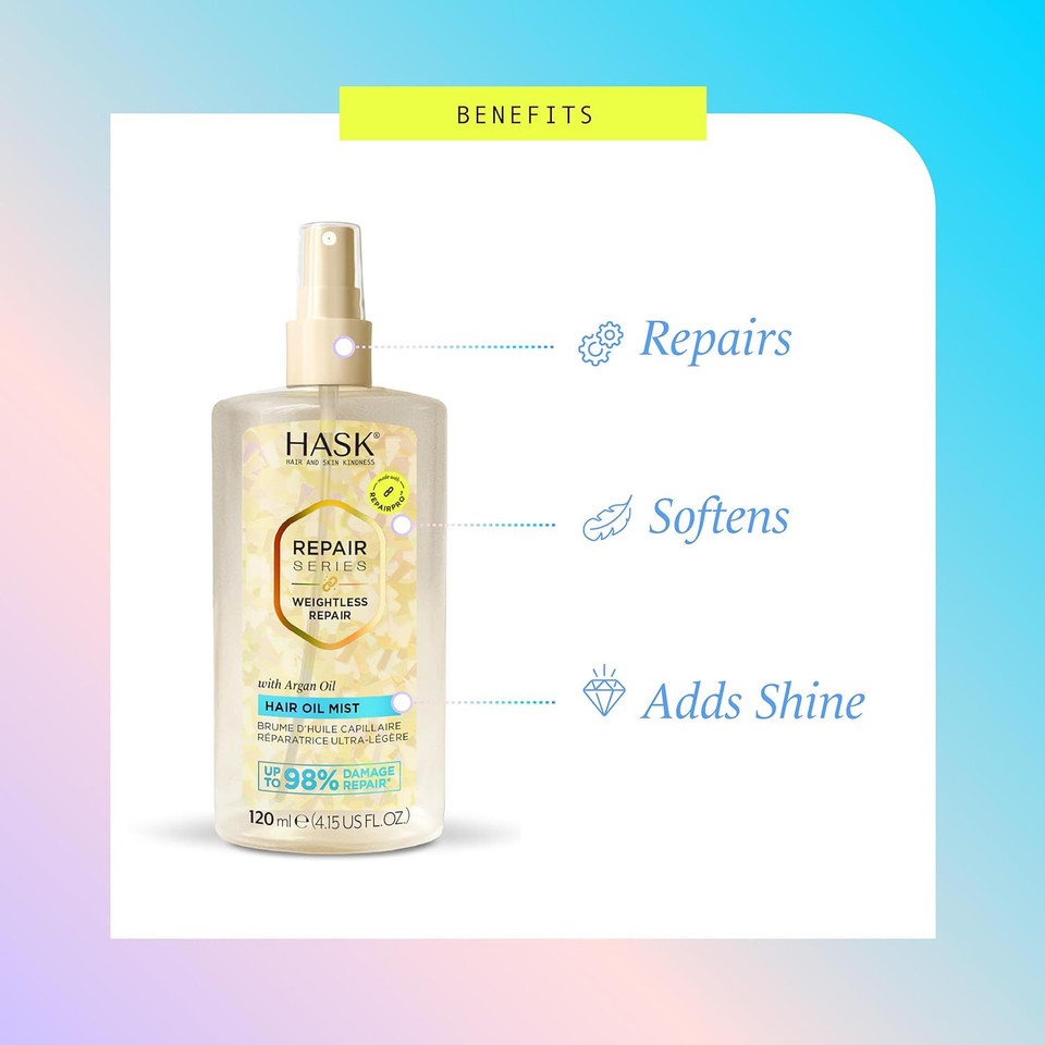 Hask Weightless Repair Hair Oil Mist & Strength & Length Boosting Scalp And Hair Serum - Repairs Damage, Adds Shine & Moisture, Strengthens, Prevents Breakage, Sulfate-Free, Cruelty-Free