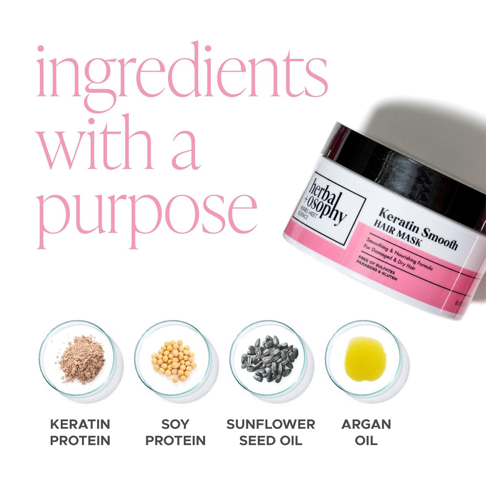 Keratin Smooth Hair Mask  Smoothing & Nourishing Formula For Damaged & Dry Hair  Salon-Quality Haircare With Natural, Healthy Ingredients. Vegan. Sulfate & Paraben Free. 8.5Oz