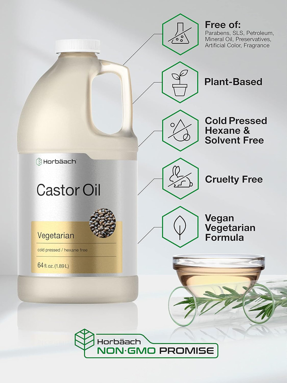 Horbäach Castor Oil 64Oz | For Hair, Eyelashes & Eyebrows | Hexane Free & Cold Pressed | Vegetarian, Non-Gmo Horbäach Castor Oil 64Oz | For Hair, Eyelashes & Eyebrows | Hexane Free & Cold Pressed | Vegetarian, Non-Gmo
