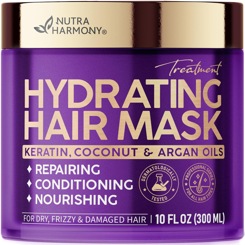 Hydrating Hair Mask - For Dry Damaged Hair - Moisturizing Keratin Treatment - Argan & Coconut Oil | Biotin | Collagen - Deep Conditioning, Anti Frizz Product For Women - Care For All Hairtypes, 10 Oz