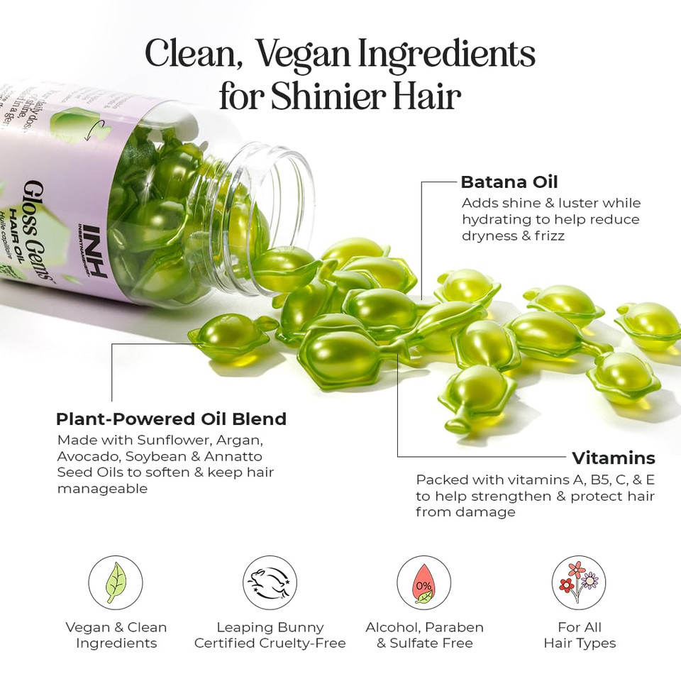 Inh Hair Gloss Gems - Lightweight Hair Oil Perfume Capsules For Dry, Damaged, Or Frizzy Strands, Smoothing Anti Frizz Shine Serum With Argan & Batana Oil, Vegan Leave In Treatment, 35 Capsules Inh Hair Gloss Gems - Lightweight Hair Oil Perfume Capsules For Dry, Damaged, Or Frizzy Strands, Smoothing Anti Frizz Shine Serum With Argan & Batana Oil, Vegan Leave In Treatment, 35 Capsules