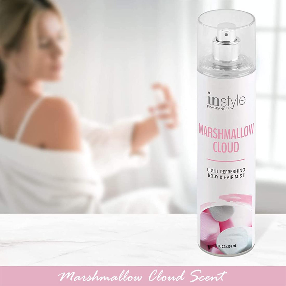 Instyle Fragrances | Body & Hair Mist | Marshmallow Cloud Scent | With Panthenol | Clean, Vegan, Paraben Free, Phthalate Free | Premium 8 Fl Oz Spray Bottle