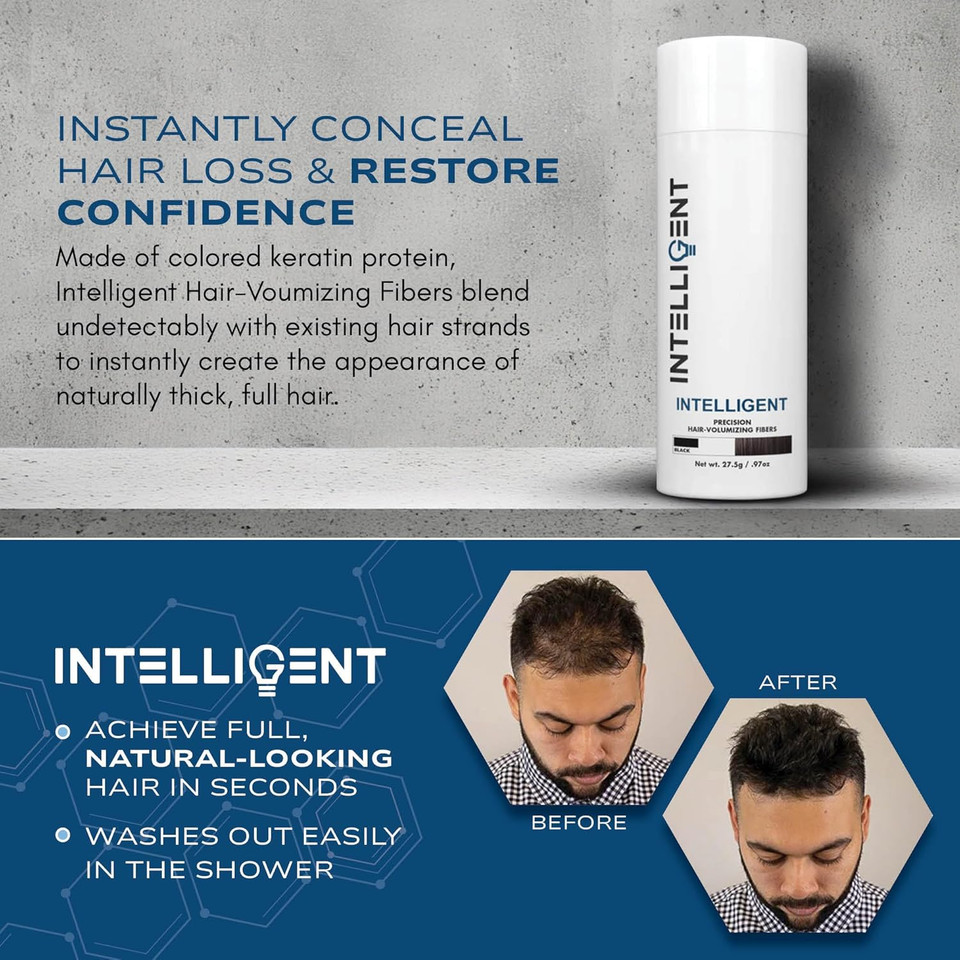 Intelligent Precision Hair-Volumizing Fibers (Black) | Undetectably Fill In Thinning Hair | 6 Shades Designed For Men Or Women | 27.5G