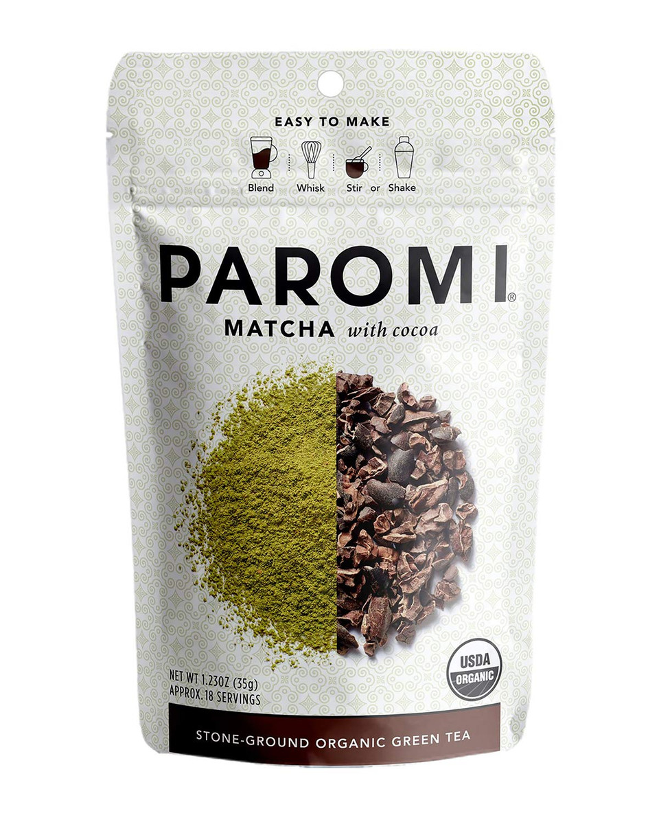 Paromi Tea Matcha With Cocoa 35 Grams, Organic Stone-Ground Organic Green Tea With Organic Cocoa, Serve Hot Or Iced, Blend, Whisk, Stir, Or Shake Into Water Or Milk