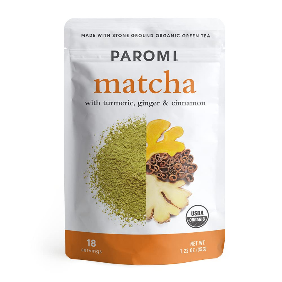 Paromi Tea Matcha With Turmeric, Ginger & Cinnamon 35 Grams, Organic Stone-Ground Organic Green Tea, Serve Hot Or Iced, Blend, Whisk, Stir, Or Shake Into Water Or Milk