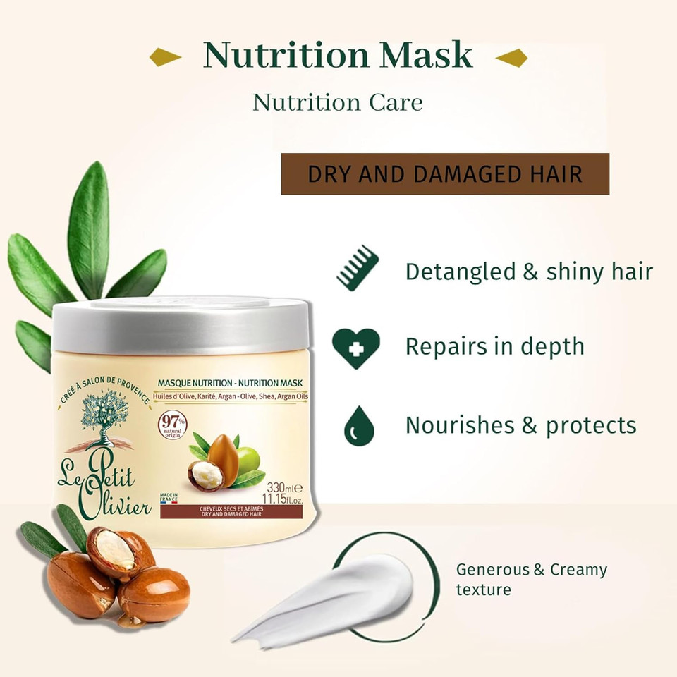 Nutrition Mask For Dry And Damaged Hair, 11.15 Oz - Hair Moisturizer - Rich In Olive, Shea, Argan Oils - Paraben, Sulfate-Free - Natural Ingredients - 1 Minute Efficiency - Hair Mask