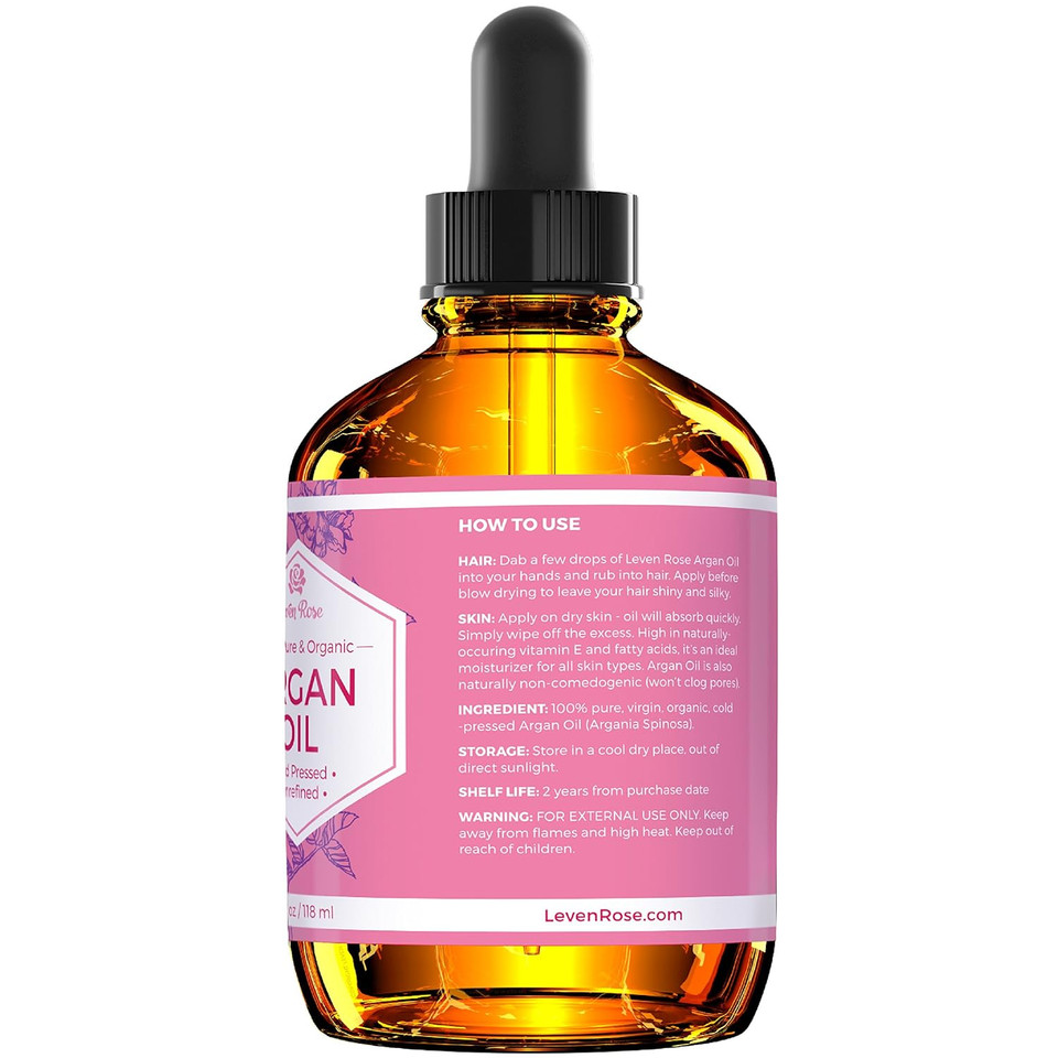Leven Rose Argan Oil For Face, Hair And Skin - 4 Oz 100% Pure Moroccan Cold-Pressed Organic Leven Rose Argan Oil For Face, Hair And Skin - 4 Oz 100% Pure Moroccan Cold-Pressed Organic