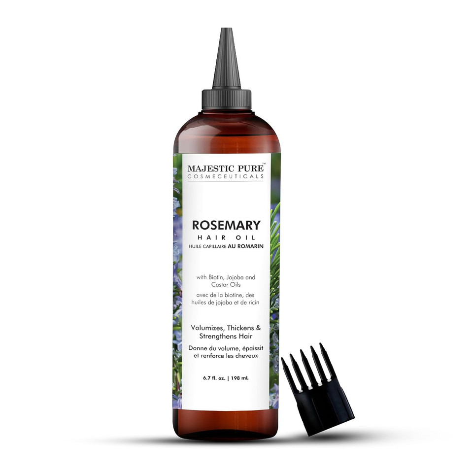 Majestic Pure 100% Pure Rosemary Oil With Biotin For Hair Care, Strengthening, Nourishing, And Volumizing Formula With Jojoba Oil And Castor Oil - Non Gmo Verified, 198 Ml